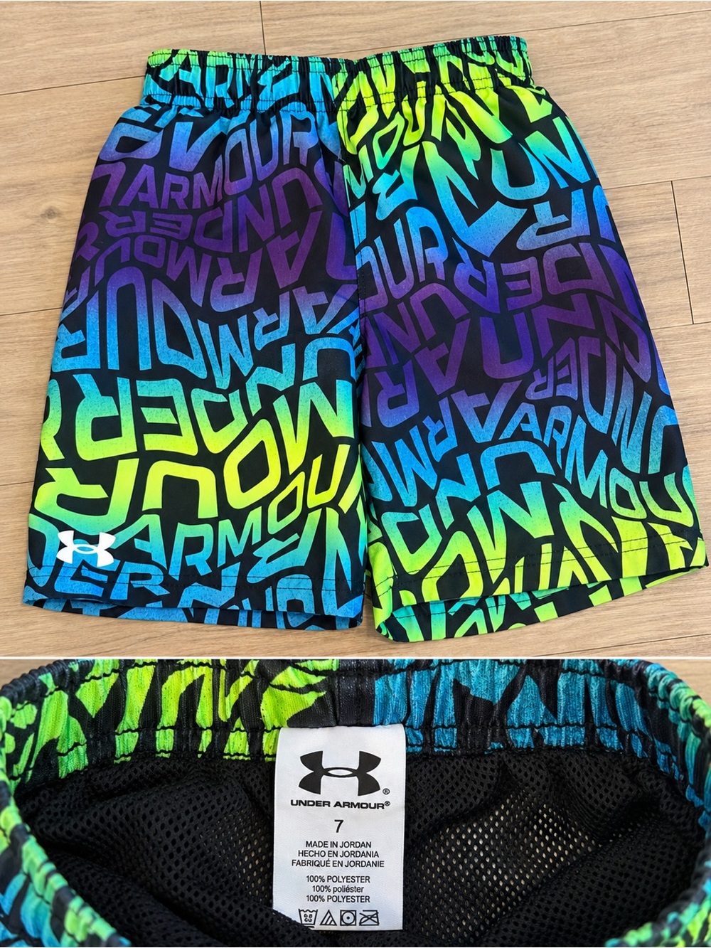 Under Armour Boys' Neon Gradient Logo Athletic Shorts - Blue Green Purple